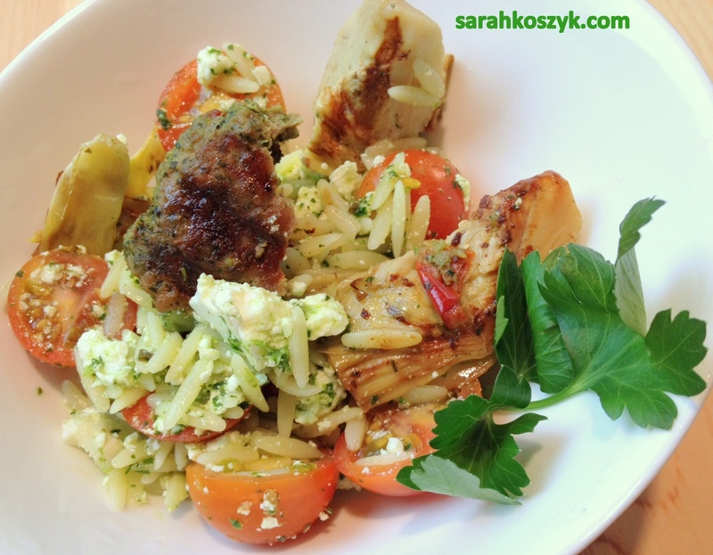 Lamb And Sausage Orzo With Minty Pesto And Grilled Artichoke Hearts