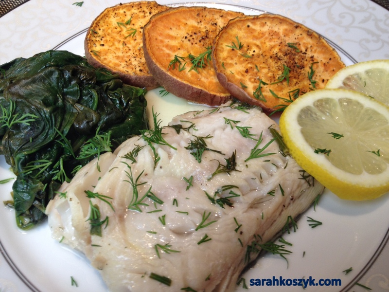 Baked Fish In Tinfoil Packets with Spinach and Roasted Sweet Potatoes