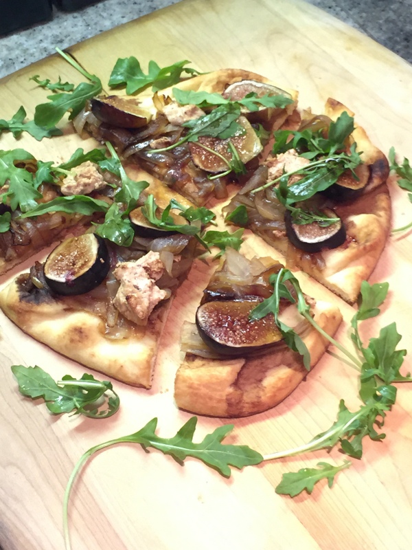 Fig, Caramelized Onions, Goat Cheese, and Arugula Flatbread