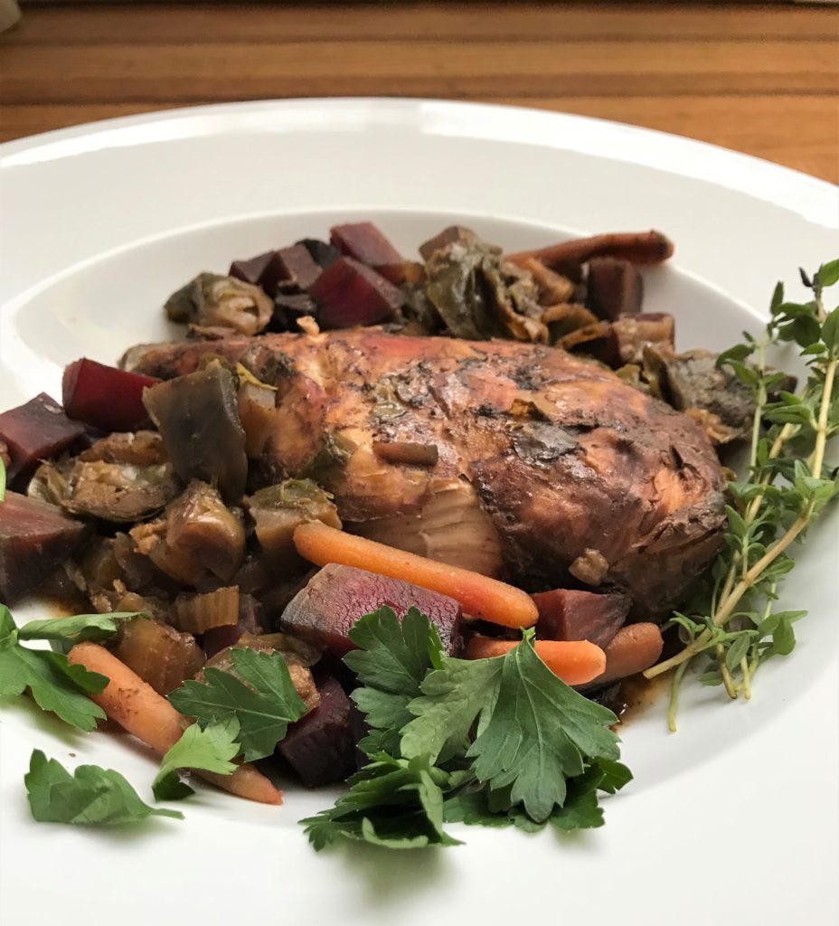 Crockpot Marinated Chicken with Beets and Brussels Sprouts • Sarah Koszyk