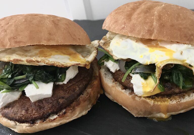 Marinated Portobello Mushroom Burger with Fried Egg, Goat Cheese