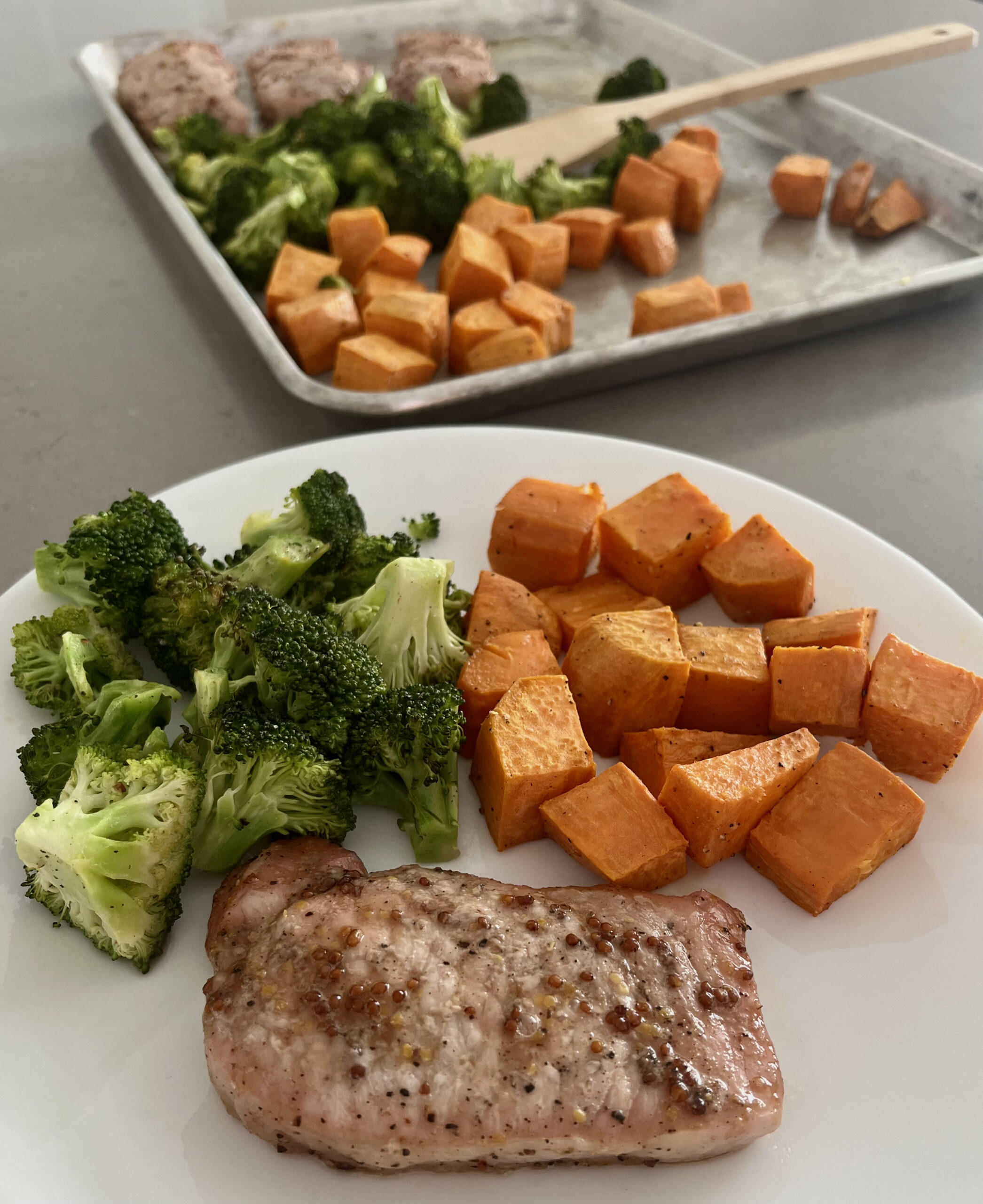 Sheet Pan Honey-Balsamic Pork Loin with Broccoli and Sweet Potatoes